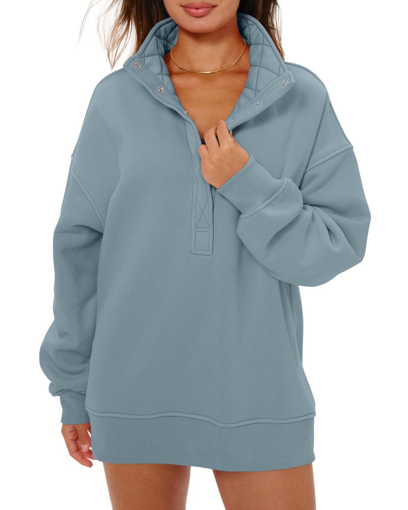 Locachy Women's Henley Neck Button Oversized Sweatshirt Casual Long Sleeve Pullover Tops 2026 Fashion Outfits Clothes Grey Blue XL - Image 1