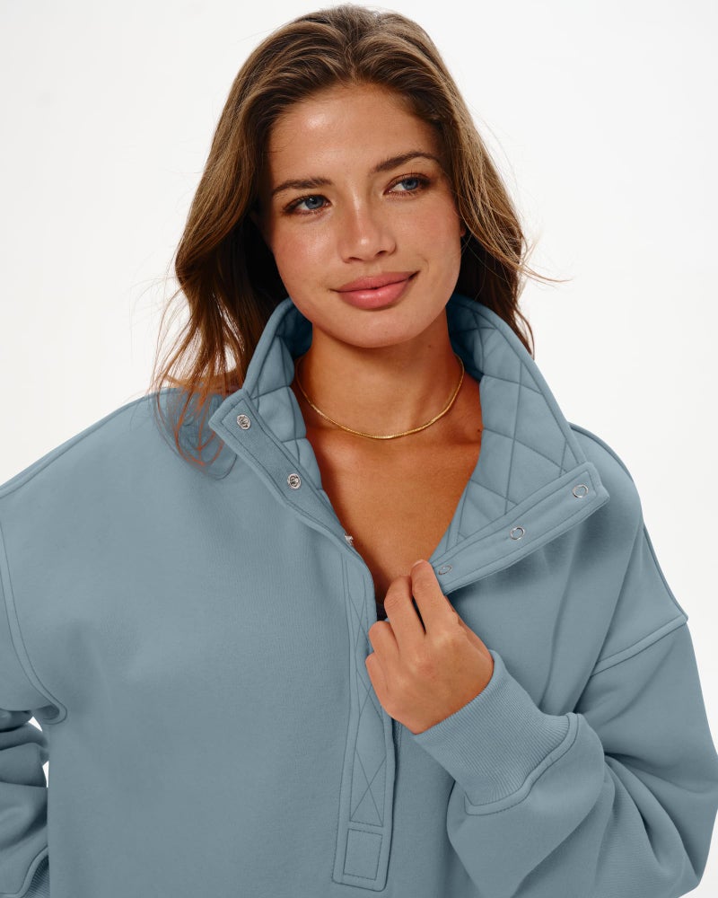Locachy Women's Henley Neck Button Oversized Sweatshirt Casual Long Sleeve Pullover Tops 2026 Fashion Outfits Clothes Grey Blue XL - Image 3