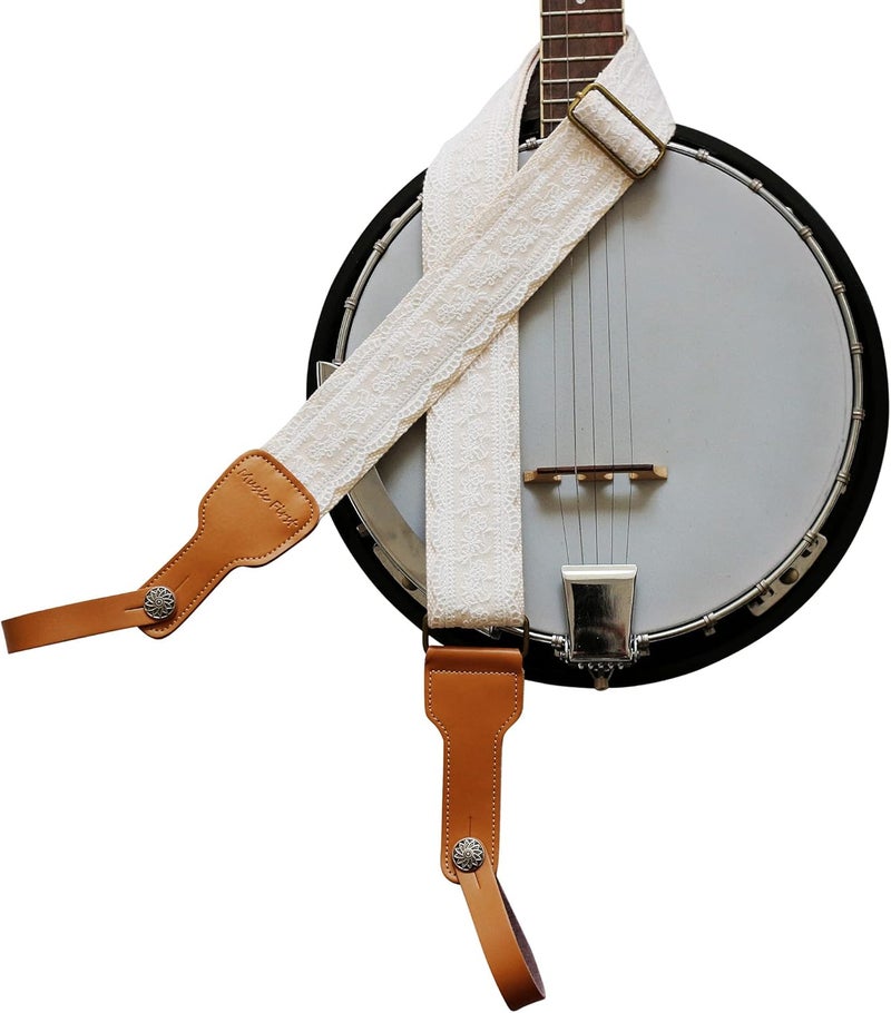 MUSIC FIRST Original Design, 2 inch width (5cm), Padded, White Graceful & Vintage"Lace" Soft Lace & Genuine Leather Delux Banjo Strap, With 2 pieces of Leather Strap Locker. - Image 1