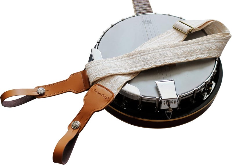 MUSIC FIRST Original Design, 2 inch width (5cm), Padded, White Graceful & Vintage"Lace" Soft Lace & Genuine Leather Delux Banjo Strap, With 2 pieces of Leather Strap Locker. - Image 2