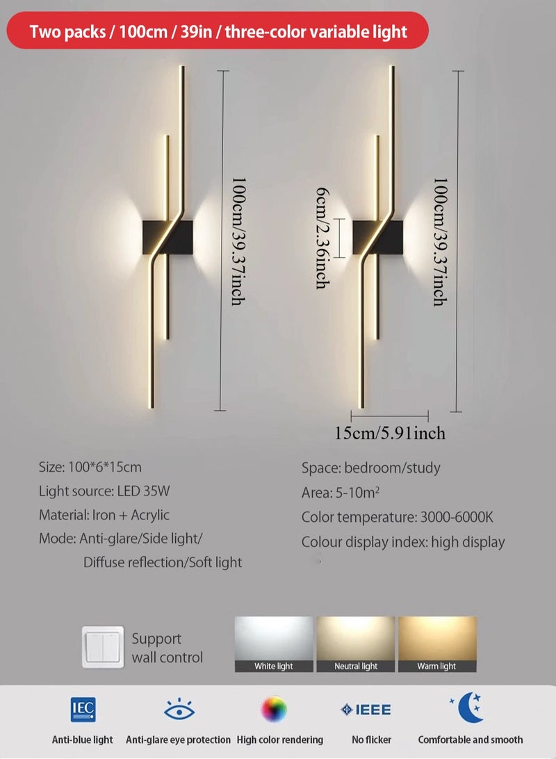 جي جوت مجموعة من قطعتين من أضواء الجدار LED ، مصباح الجدار (أسود ، 100 سم ، ثلاثة ألوان درجة حرارة قابلة للتعديل 3000K-6000K) أضواء الجدار الخطية الحديثة السوداء ، أضواء الجدار الداخلية البيضاء ، غرفة النوم ، غرفة المعيشة ، الممر ، المطبخ ، مدخل جنب السرير - Image 2