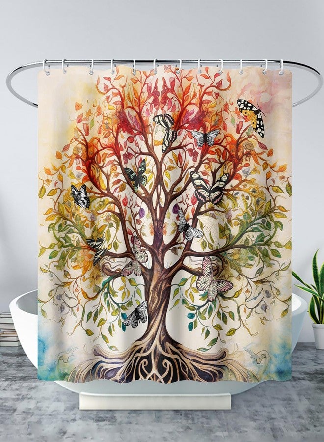 AILONEN Tree of Life Bath Shower Curtain, Vintage Colorful Butterflies Art Minimalist Bathroom Curtain, 72" W x 72" H Polyester Waterproof with 12 Hooks - Image 1