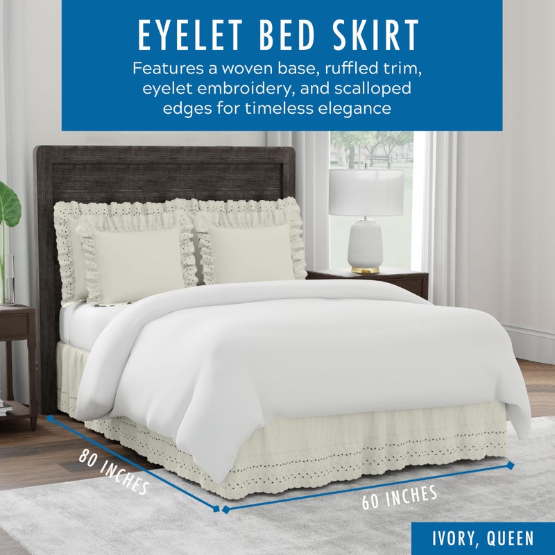 Fresh Ideas Eyelet Bed Skirt, Ruffled Design, 14 Inch Drop, Embroidered Scalloped Edge, Queen, Ivory - Image 2
