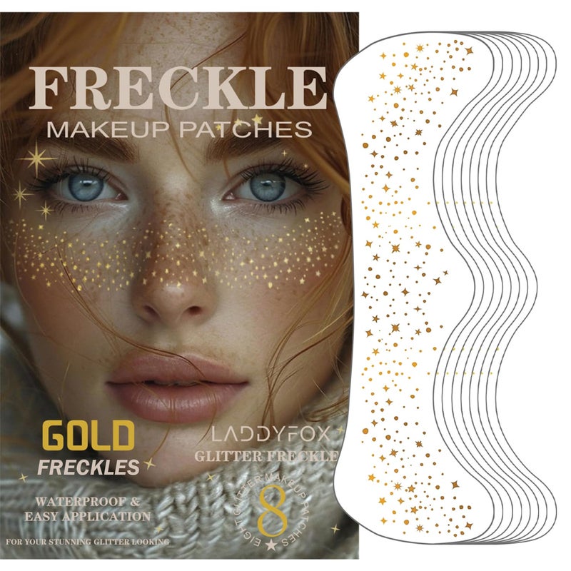 LADDYFOX 8 Pcs Gold Face Makeup Patches, Gold Glitter Freckles Face Tattoo, Glitter Freckles, Sparkle Makeup Patches, Waterproof Face Glitter Temporary Tattoos for Women and Girls - Image 1
