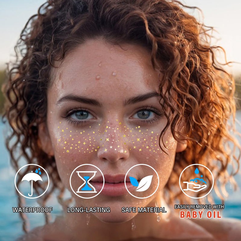 LADDYFOX 8 Pcs Gold Face Makeup Patches, Gold Glitter Freckles Face Tattoo, Glitter Freckles, Sparkle Makeup Patches, Waterproof Face Glitter Temporary Tattoos for Women and Girls - Image 3