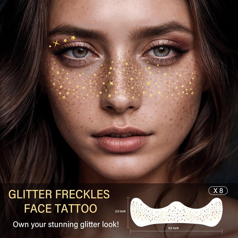 LADDYFOX 8 Pcs Gold Face Makeup Patches, Gold Glitter Freckles Face Tattoo, Glitter Freckles, Sparkle Makeup Patches, Waterproof Face Glitter Temporary Tattoos for Women and Girls - Image 5