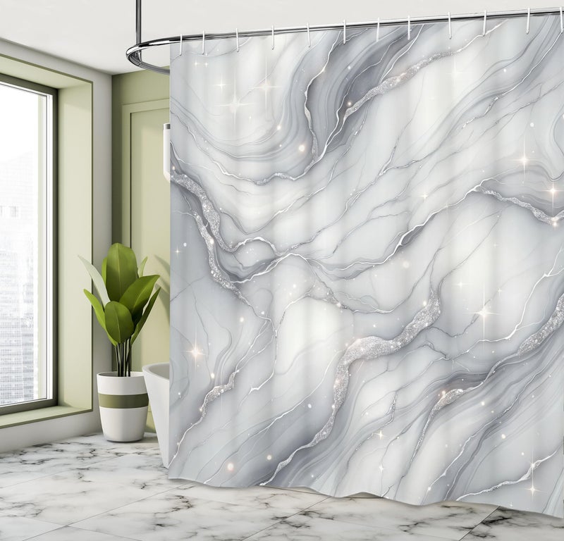 Ambesonne Grey Shower Curtain  Modern Abstract Marble Print Look Starry Atmosphere Print Wavy Lines Boho  Cloth Fabric Bathroom Decor Set with Hooks  69"" W x 70"" L  Pale Purpleblue Pearl - Image 2