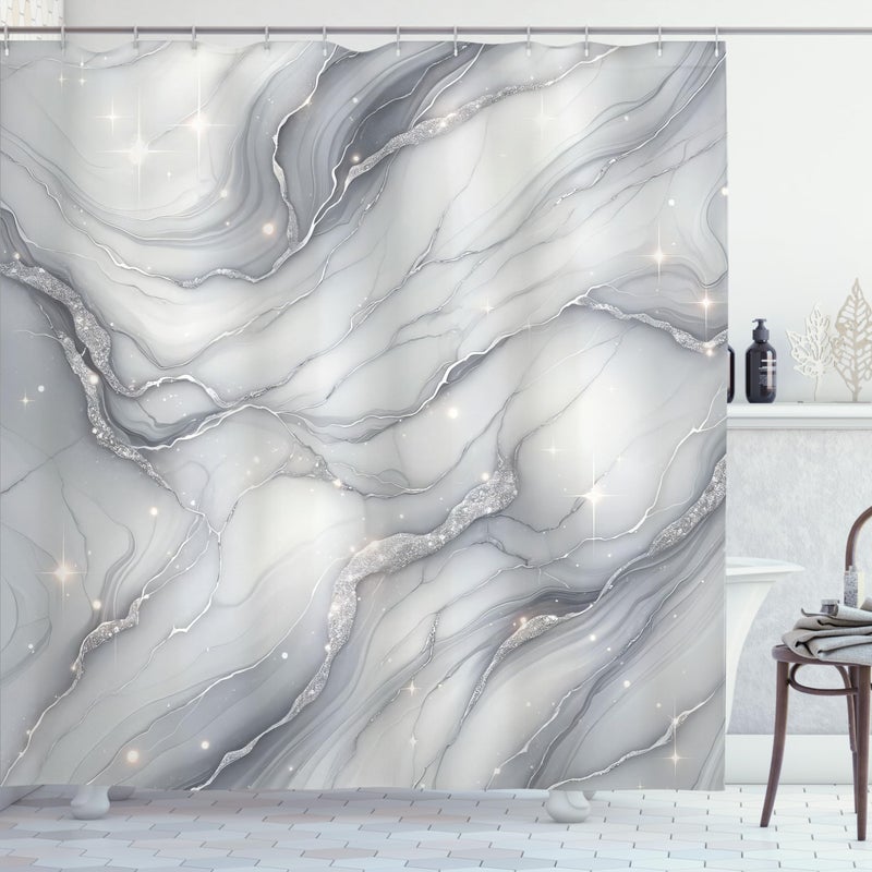 Ambesonne Grey Shower Curtain  Modern Abstract Marble Print Look Starry Atmosphere Print Wavy Lines Boho  Cloth Fabric Bathroom Decor Set with Hooks  69"" W x 70"" L  Pale Purpleblue Pearl - Image 3