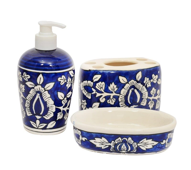Skywalk Hand Painted Ceramic Bathroom Set of 3 PCs - Liquid Soap Dispenser, Soap Dish and Brush Holder for Bathroom Décor and Home Gift Set - Image 1
