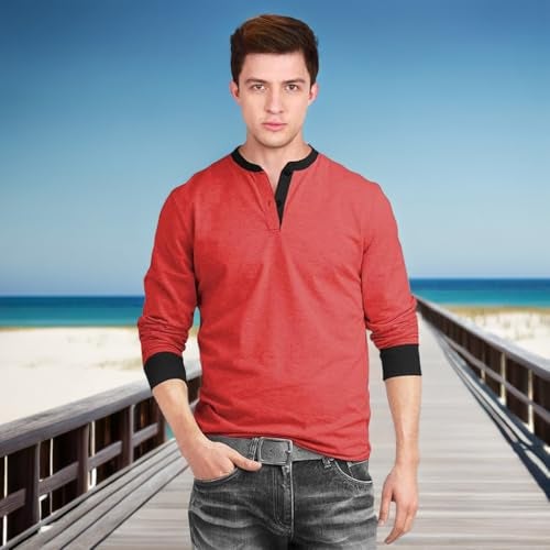fanideaz Mens Cotton Henley Shirt Long Sleeve Comfort Fit Stylish T Shirt_0266OR_S_Orange Melange - Image 4