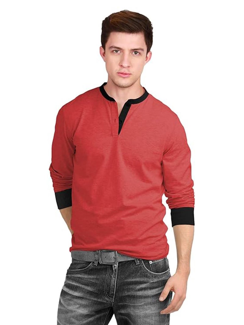 fanideaz Mens Cotton Henley Shirt Long Sleeve Comfort Fit Stylish T Shirt_0266OR_S_Orange Melange - Image 1
