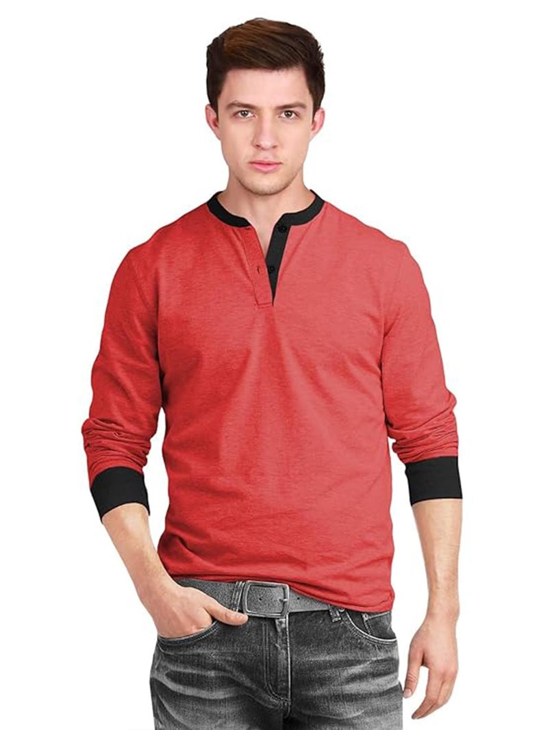 fanideaz Mens Cotton Henley Shirt Long Sleeve Comfort Fit Stylish T Shirt_0266OR_S_Orange Melange - Image 2
