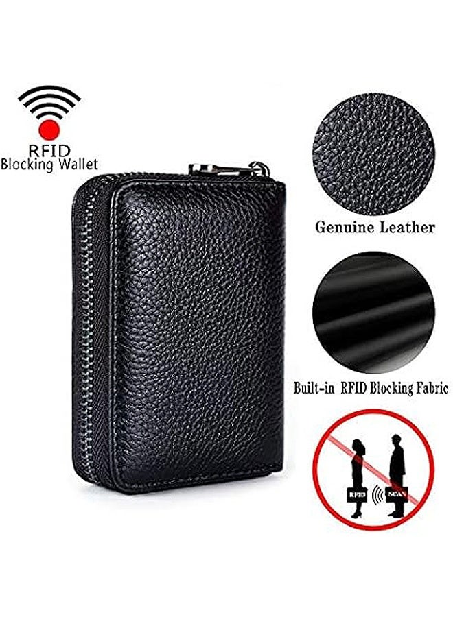 MXN Genuine Leather Credit Card Holder Wallet with Zipper Pocket Mini Wallets ID Case Money Organizer (Black) - Image 3