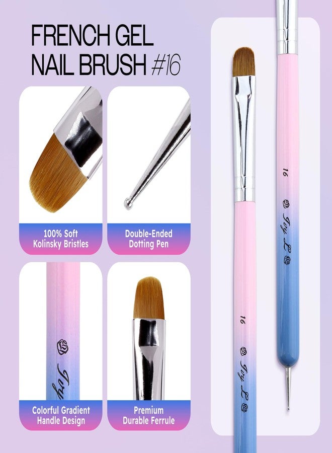 Pana Ivy-L Premium 2 Way French Gel Acrylic Nail Art Kolinsky Brush With Dotting Tool for Professional Manicure Cuticle Clean Up Nail Art Design, Pink Blue Wood Handle (Size 16) - Image 3
