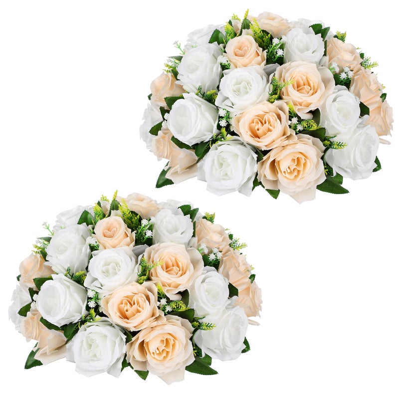 Briful Fake Floral Balls for Centerpieces - 2PCS 11.8" Large Faux Rose Flower Arrangement Silk Flower Bouquet for Home Wedding Party Anniversary Table Vase Flower Stand Decor(Champagne White) - Image 1