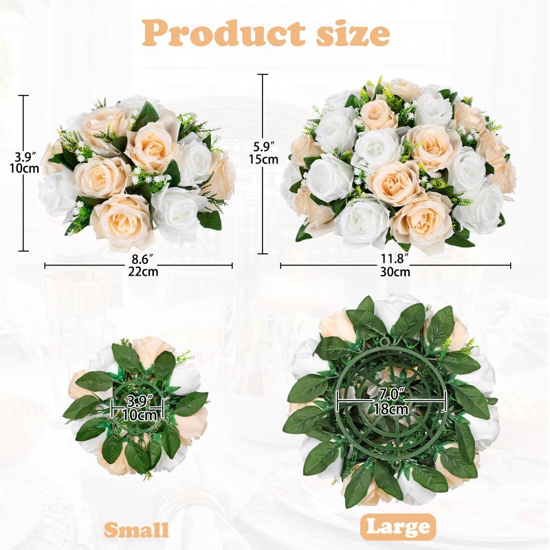 Briful Fake Floral Balls for Centerpieces - 2PCS 11.8" Large Faux Rose Flower Arrangement Silk Flower Bouquet for Home Wedding Party Anniversary Table Vase Flower Stand Decor(Champagne White) - Image 2