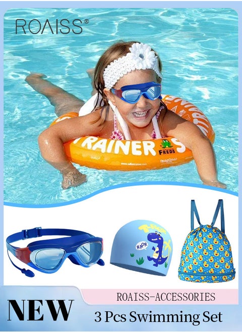 3 Pcs Kid's Swim Goggle Set, HD Vision Waterproof Anti-fog Swimming Goggle, Silicone Swim Cap and Wet and Dry Separation Swimming Bag, Indoor and Outdoor Diving Professional Swimming Gear for Boys and Girls