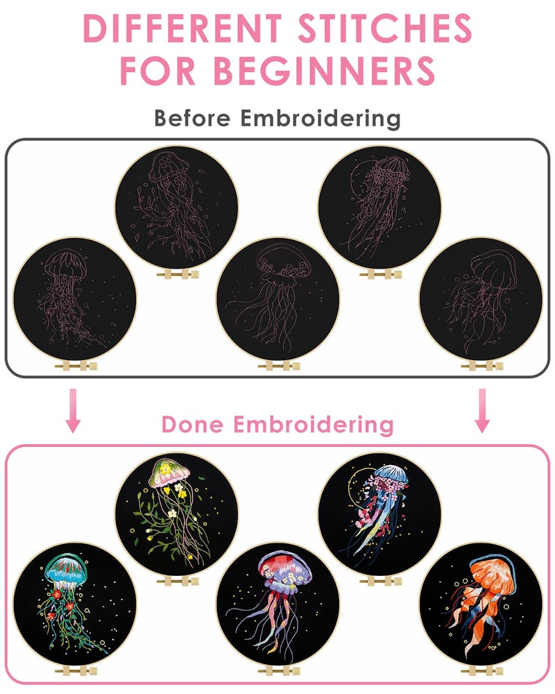 TINDTOP Embroidery Kit for Adults, 5 Sets Jellyfish Embroidery Kit for Beginners Include Embroidery Cloth Hoops Threads for Craft Lover Hand Stitch with Embroidery Skill Techniques - Image 3