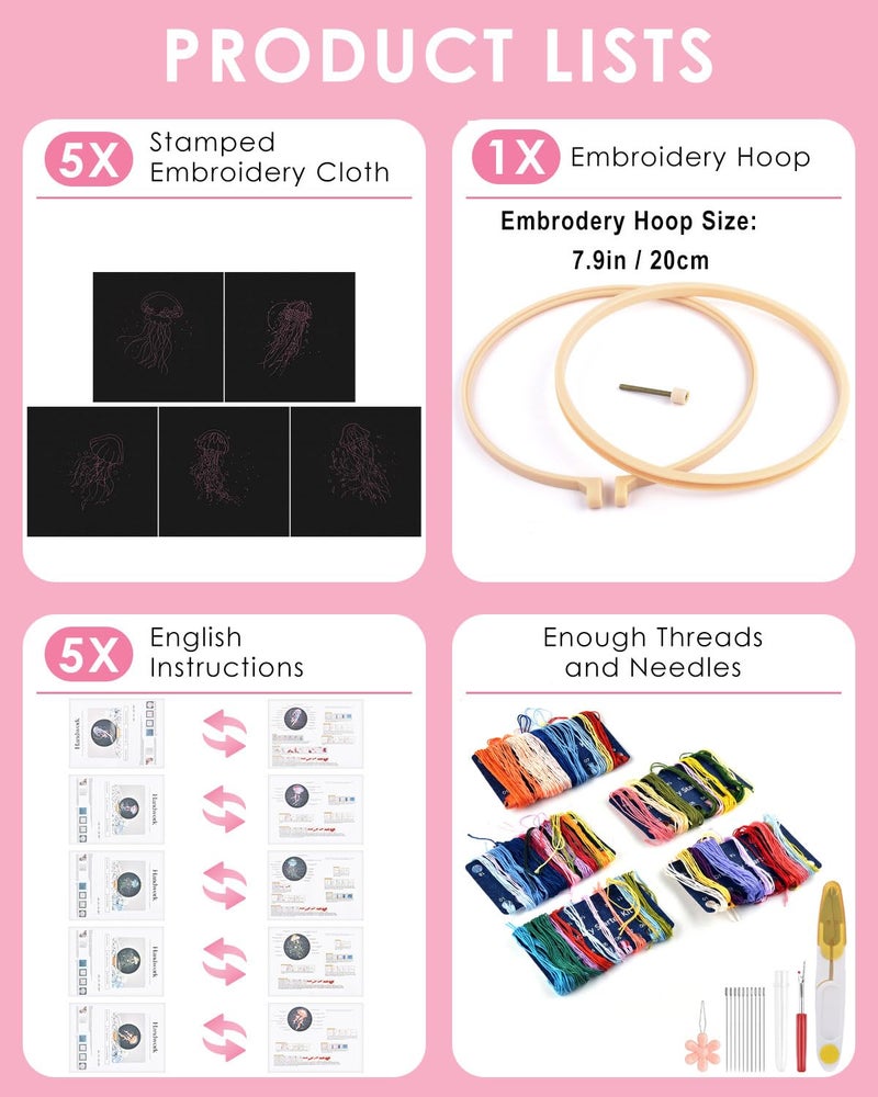 TINDTOP Embroidery Kit for Adults, 5 Sets Jellyfish Embroidery Kit for Beginners Include Embroidery Cloth Hoops Threads for Craft Lover Hand Stitch with Embroidery Skill Techniques - Image 2