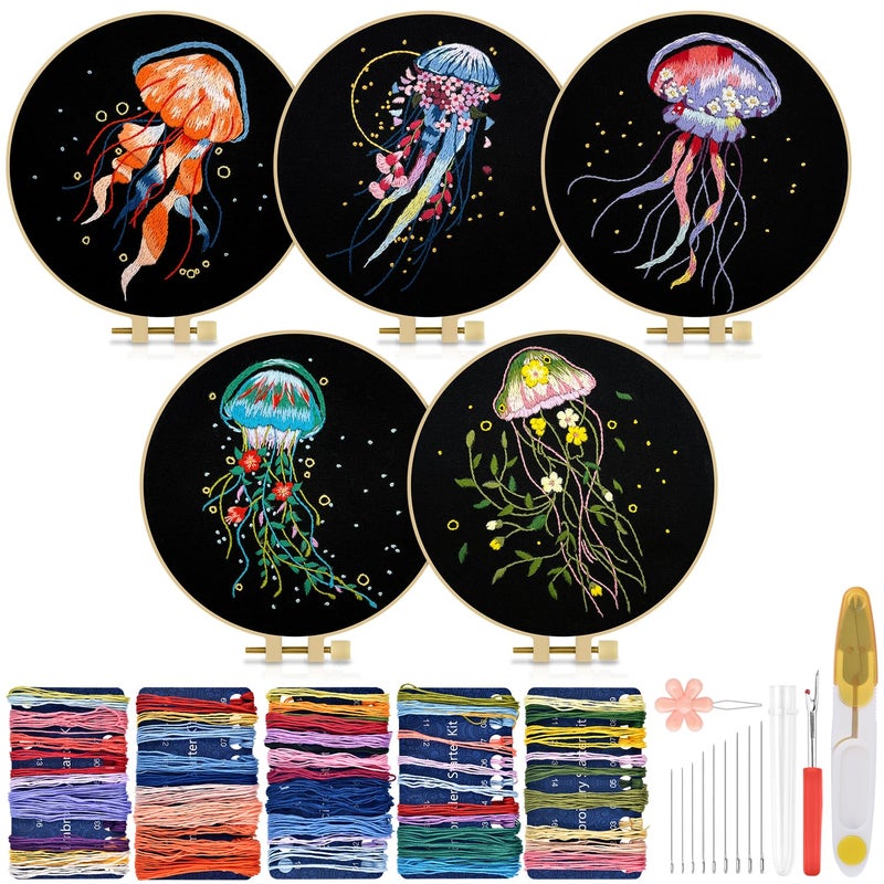 TINDTOP Embroidery Kit for Adults, 5 Sets Jellyfish Embroidery Kit for Beginners Include Embroidery Cloth Hoops Threads for Craft Lover Hand Stitch with Embroidery Skill Techniques - Image 1