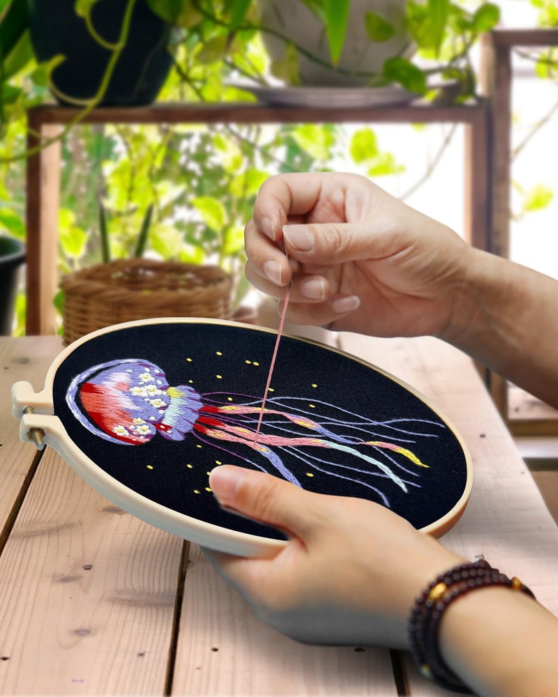 TINDTOP Embroidery Kit for Adults, 5 Sets Jellyfish Embroidery Kit for Beginners Include Embroidery Cloth Hoops Threads for Craft Lover Hand Stitch with Embroidery Skill Techniques - Image 4