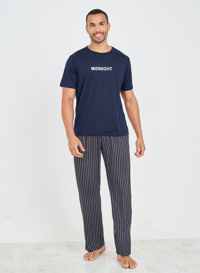 Styli Styli Slogan Print T-shirt and Striped Pyjama Set  - Image 1