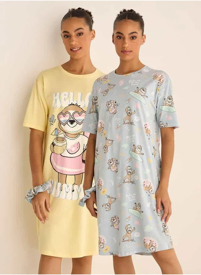 فاف Set of 2 - Printed Sleepshirt with Round Neck and Short Sleeves