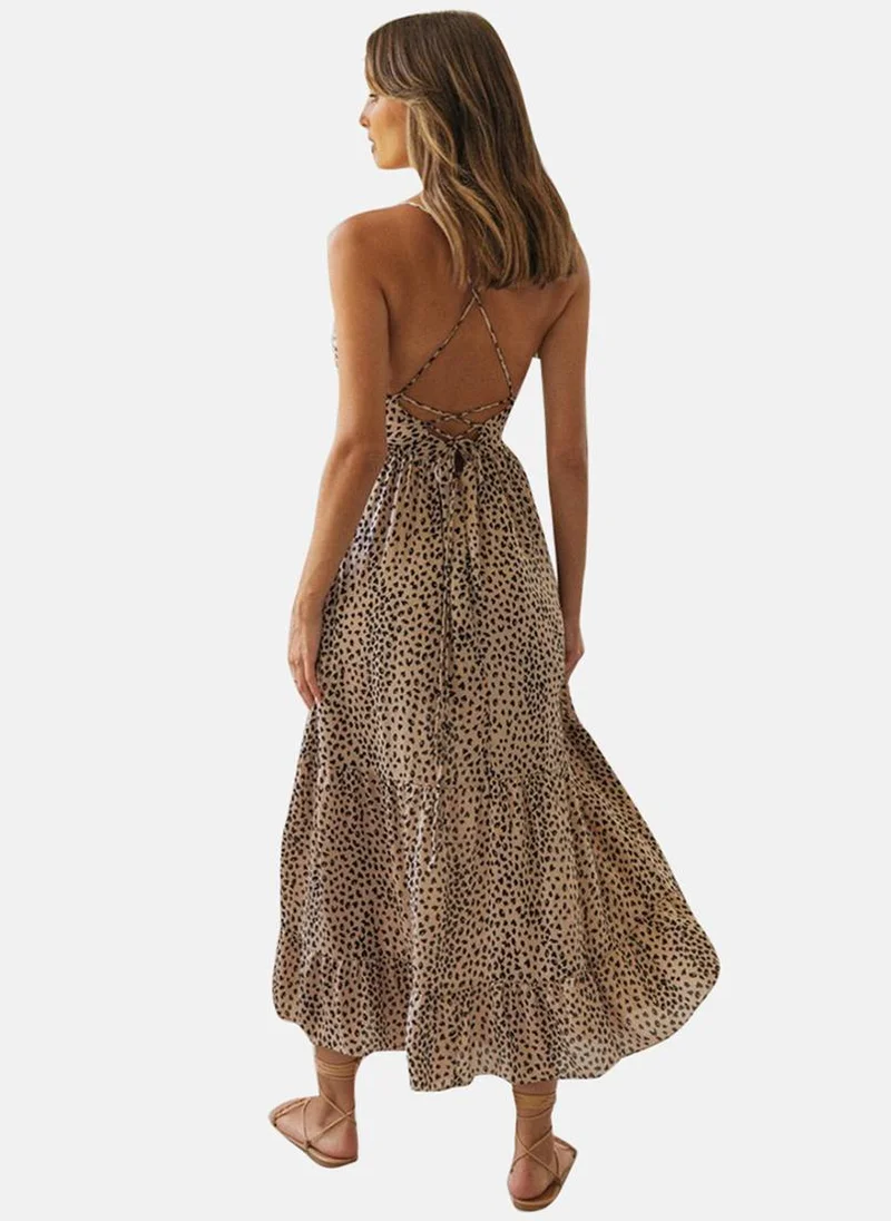 يونيكي Beige Sweetheart Neck Animal Print Fit & Flared Dress