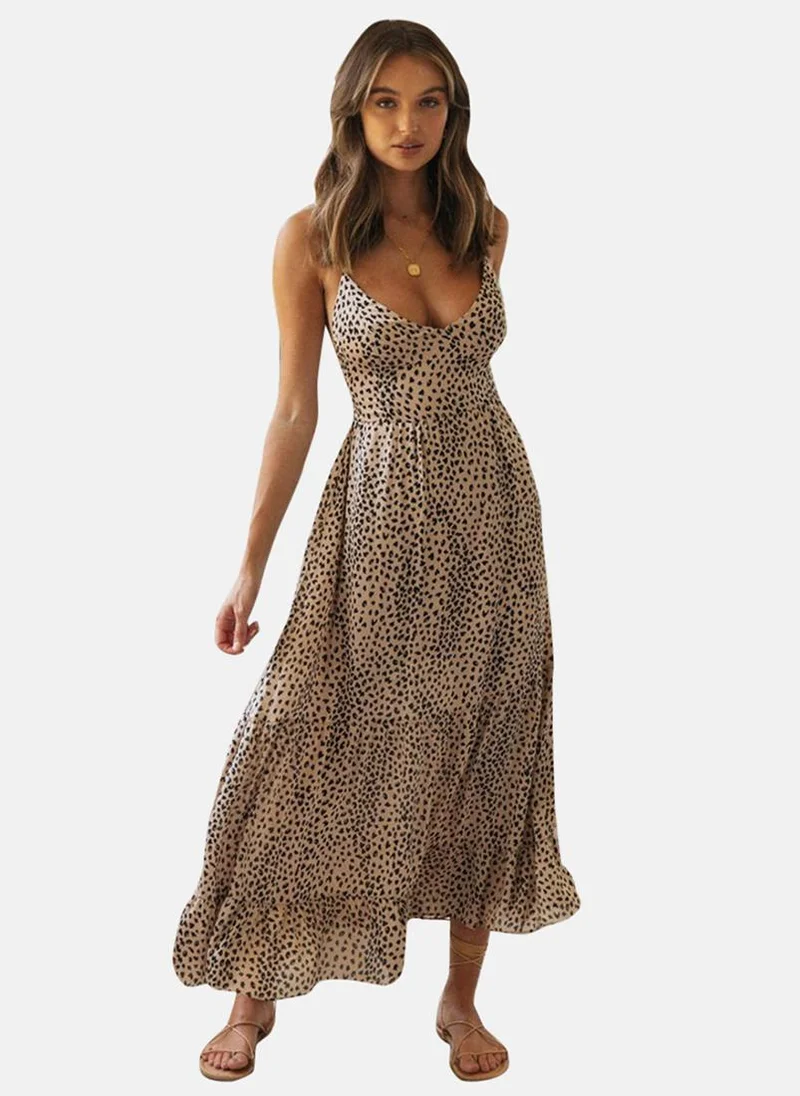 يونيكي Beige Sweetheart Neck Animal Print Fit & Flared Dress