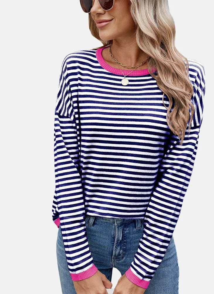 يونيكي Blue Round Neck Striped Top