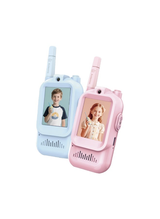 بلو فاير أجهزة walky talky بالفيديو للأطفال، عبوة 2 مع شاشة عرض، دردشة فيديو وصوت في الوقت الحقيقي، ألعاب اتصال لاسلكية قابلة لإعادة الشحن بمدى يصل إلى 400 قدم، تصميم خفيف الوزن ومقاوم للصدمات والرطوبة، مبدل صوت وفلاتر مرحة، طقم باللونين الأزرق والوردي للأولاد والبنات من 3 إلى 12 سنة، شحن USB-C مع حبل تعليق وكابلات USB مرفقة - Image 1