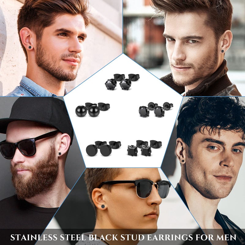 Sureio 20 Pairs Black Studs Earrings for Men Women Black Square Earrings Stainless Steel Round Fake Cartilage Ear Studs CZ Inlaid Black Earrings Punk Piercing Jewelry Diamond Earrings Set - Image 4