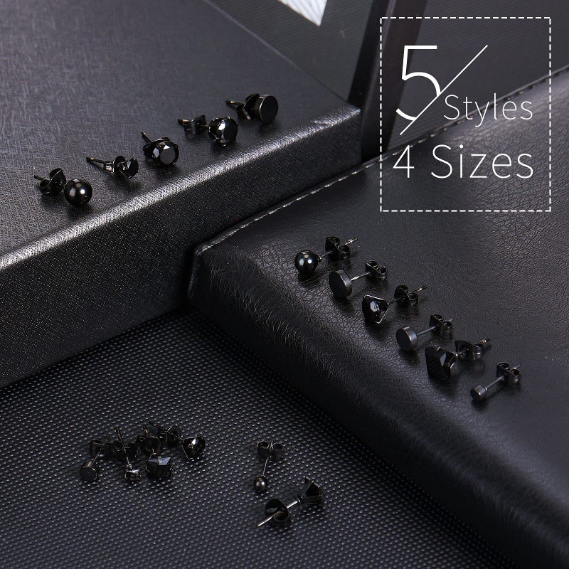 Sureio 20 Pairs Black Studs Earrings for Men Women Black Square Earrings Stainless Steel Round Fake Cartilage Ear Studs CZ Inlaid Black Earrings Punk Piercing Jewelry Diamond Earrings Set - Image 3