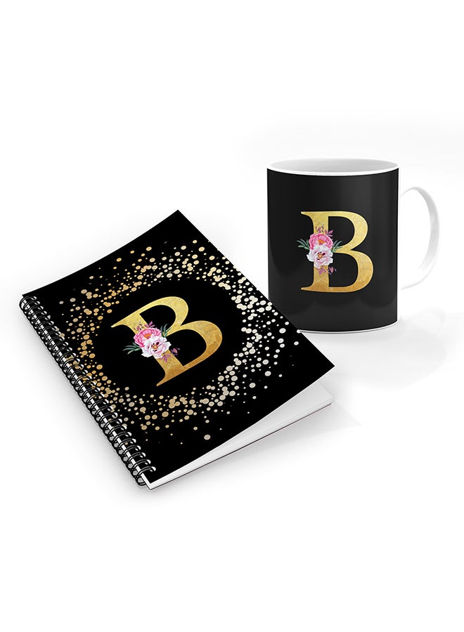 Stylizedd Printed Coffee Mug + A5 Spiral Notebook Memo Personalised Combo Gift Set Custom Monogram Initial Letter Floral Pattern Alphabet -  B (Black)