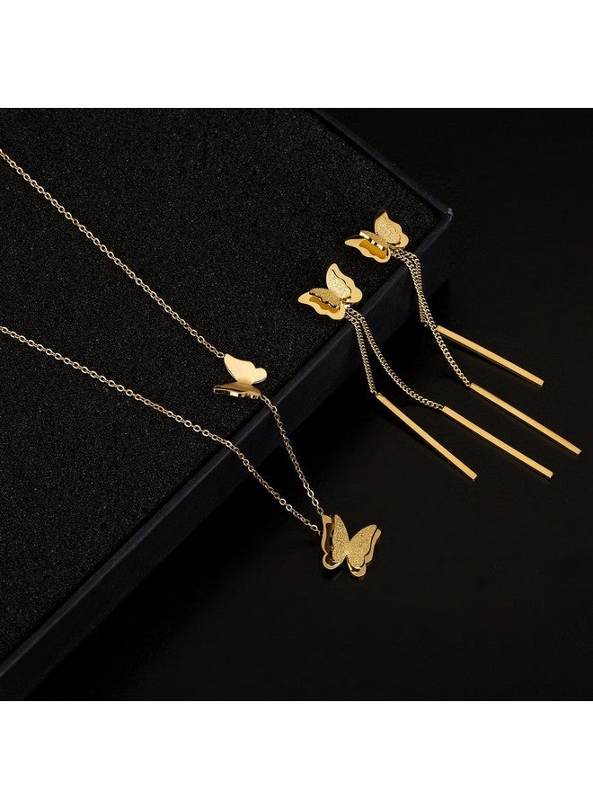 EVEVIC Stainless Steel Butterfly Necklace Earrings Set for Women 14K Gold Plated Hypoallergenic Jewelry Sets, Metal, Cubic Zirconia - Image 4