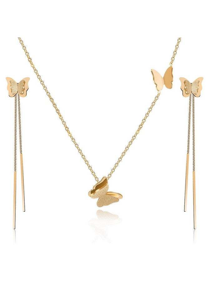 EVEVIC Stainless Steel Butterfly Necklace Earrings Set for Women 14K Gold Plated Hypoallergenic Jewelry Sets, Metal, Cubic Zirconia - Image 1