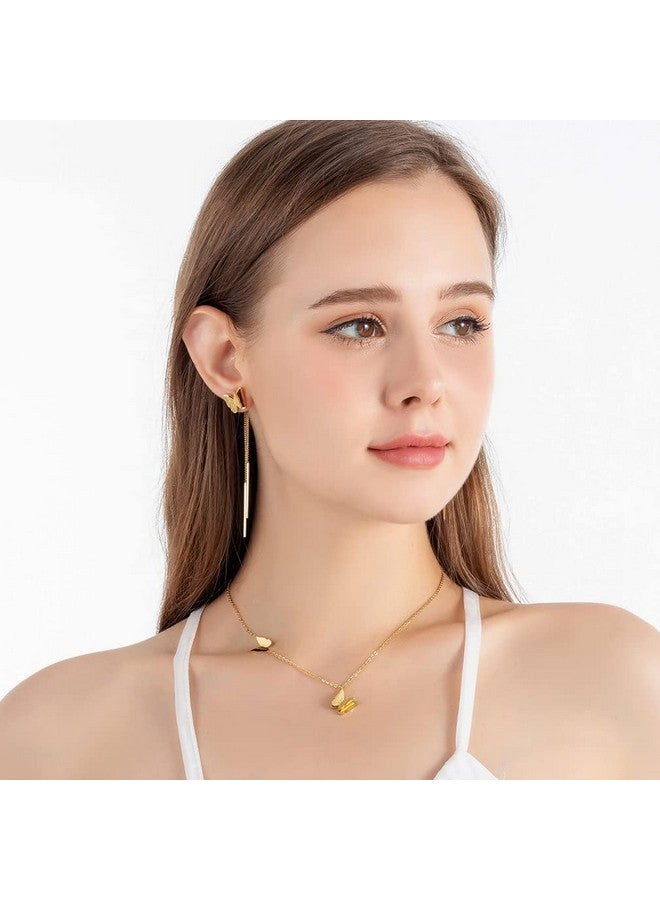 EVEVIC Stainless Steel Butterfly Necklace Earrings Set for Women 14K Gold Plated Hypoallergenic Jewelry Sets, Metal, Cubic Zirconia - Image 2