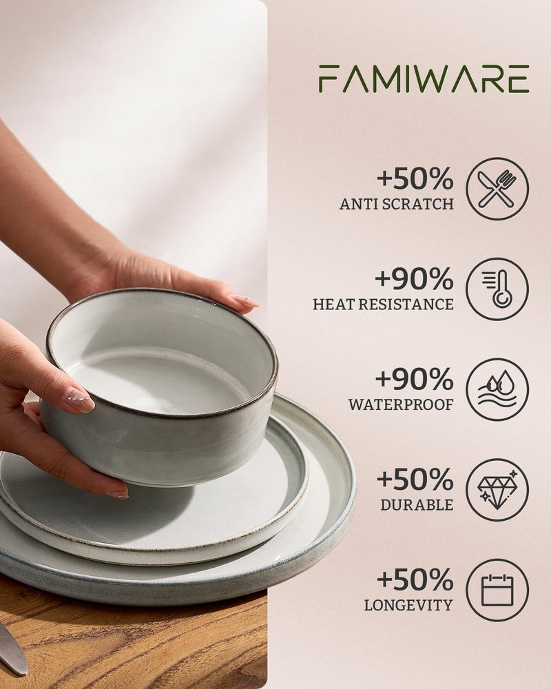Famiware طقم أطباق وأوعية فامي وير أنسي، 12 قطعة، أطقم أدوات مائدة، آمنة للاستخدام في الميكروويف وغسالة الصحون، طقم أطباق لـ 4 أشخاص، مقاومة للتشقق والخدوش، رمادي-أبيض - Image 5