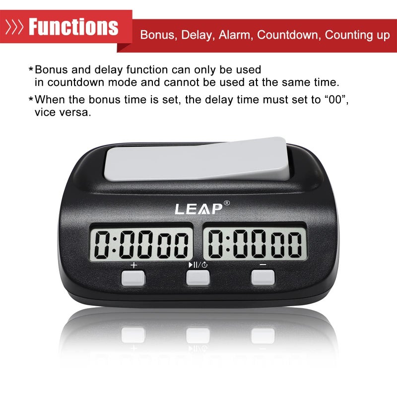 LEAP Chess Clock Digital Chess Timer Professional for Board Games Players Count Up/Down Timer with Alarm Function Black (Official Store) - Image 2