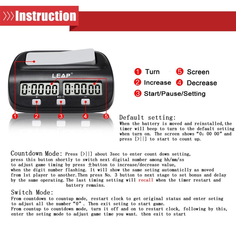 LEAP Chess Clock Digital Chess Timer Professional for Board Games Players Count Up/Down Timer with Alarm Function Black (Official Store) - Image 3