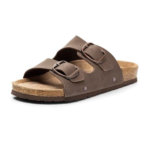 FITORY Womens Flat Sandals with Cork Footbed, Open Toe Slides Adjustable Slip On Slippers for Summer Brown Size 7 - Image 1