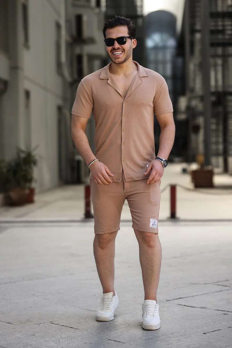 IXIR Men's Slim Striped Shirt and Shorts Set Brown