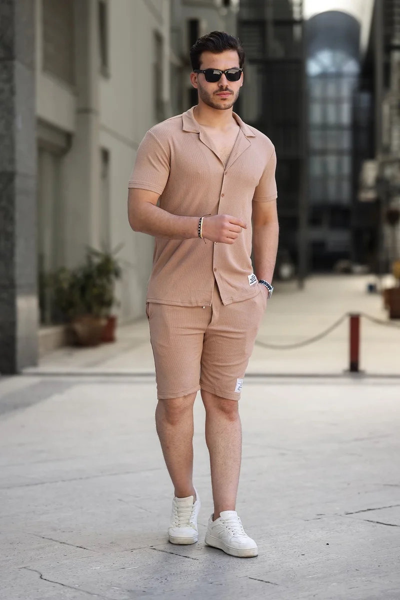 IXIR Men's Slim Striped Shirt and Shorts Set Brown