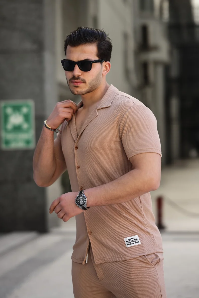 IXIR Men's Slim Striped Shirt and Shorts Set Brown