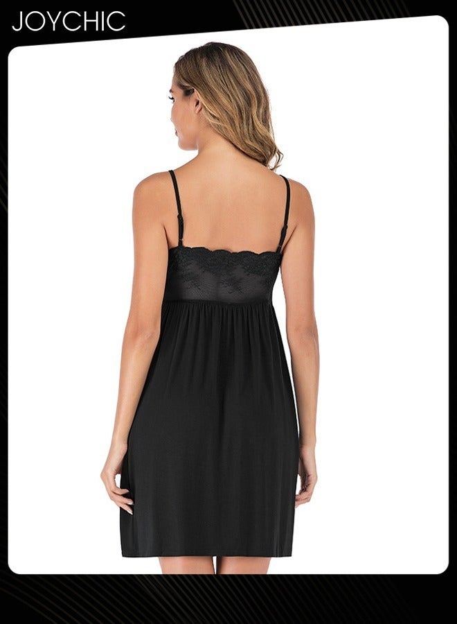 Joychic فستان نوم نسائي من مودال صديق للبشرة وقابل للتنفس مع دانتيل، مزود بأشرطة، فستان ليلي واسع بدون أكمام على شكل حرف V لجميع الفصول باللون الأسود - Image 3