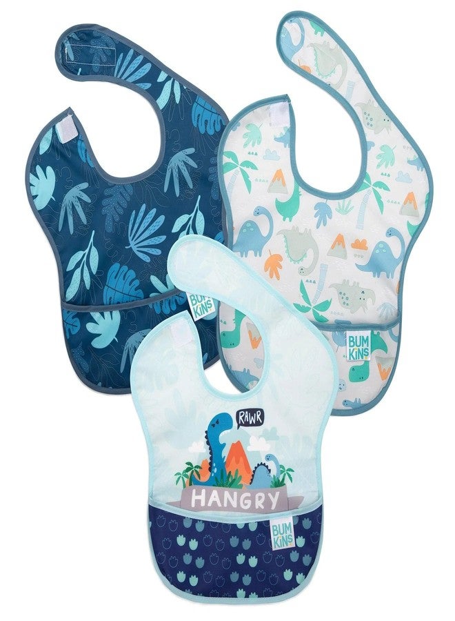 Bumkins Bibs for Girl or Boy, SuperBib Baby and Toddler for 6-24 Months, Essential Must Have for Eating, Feeding, Baby Led Weaning Supplies, Mess Saving, 3-pk Hangry, Dinosaurs, and Blue Tropic - Image 1