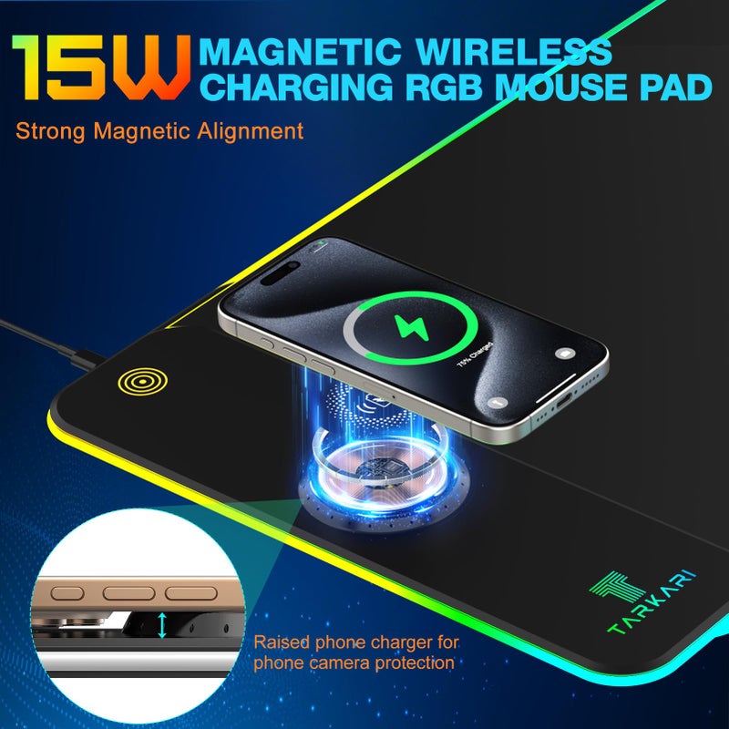 TARKARI Magnetic Wireless Charging RGB Mouse Pad, Large Gaming Desk Mat Waterproof, 31.5"x15.8" Black Mousepad, Ultra-Smooth Surface, Non-Slip Rubber Base, Desk Pad for Keyboard Laptop - Image 2