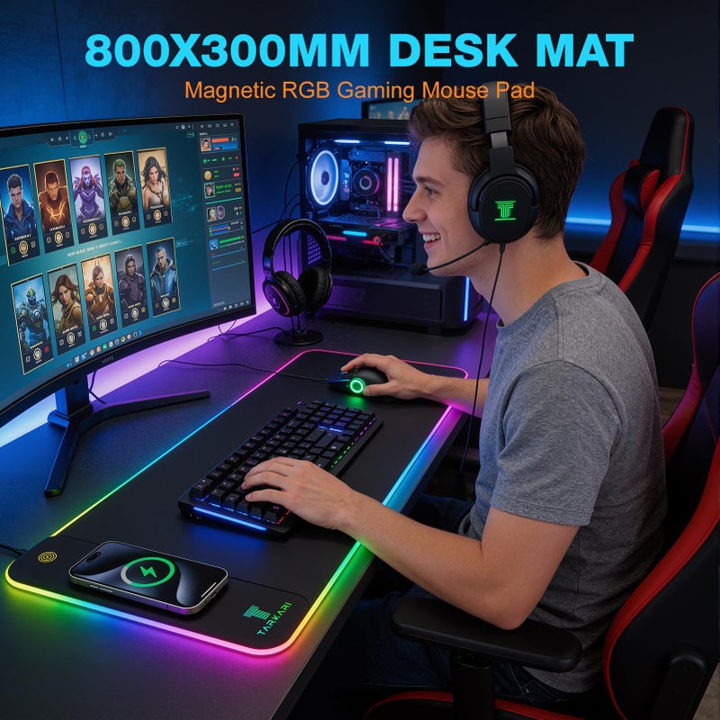TARKARI Magnetic Wireless Charging RGB Mouse Pad, Large Gaming Desk Mat Waterproof, 31.5"x15.8" Black Mousepad, Ultra-Smooth Surface, Non-Slip Rubber Base, Desk Pad for Keyboard Laptop - Image 5