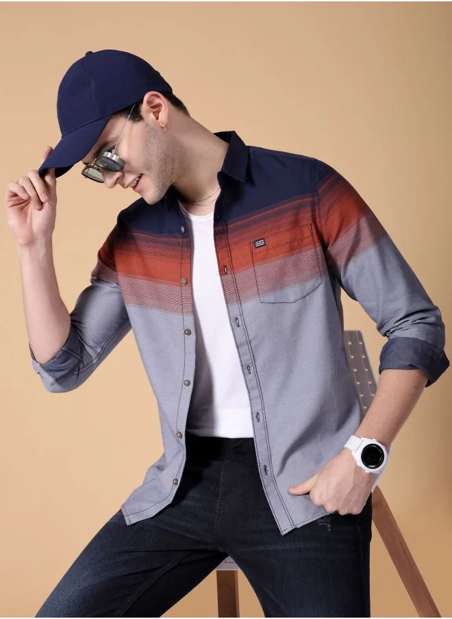 شركة المرآب الهندية Men Slim Fit Striped Full Sleeves Cutaway Collar Casual Shirt
