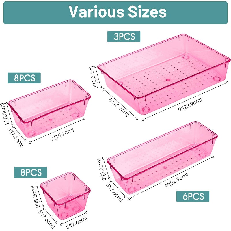 WOWBOX 25 PCS Plastic Drawer Organizer Set, 4 Sizes Desk Drawer Divider Organizers and Storage Bins for Makeup, Jewelry, Gadgets for Kitchen, Bedroom, Bathroom, Office, Clear Pink - Image 2